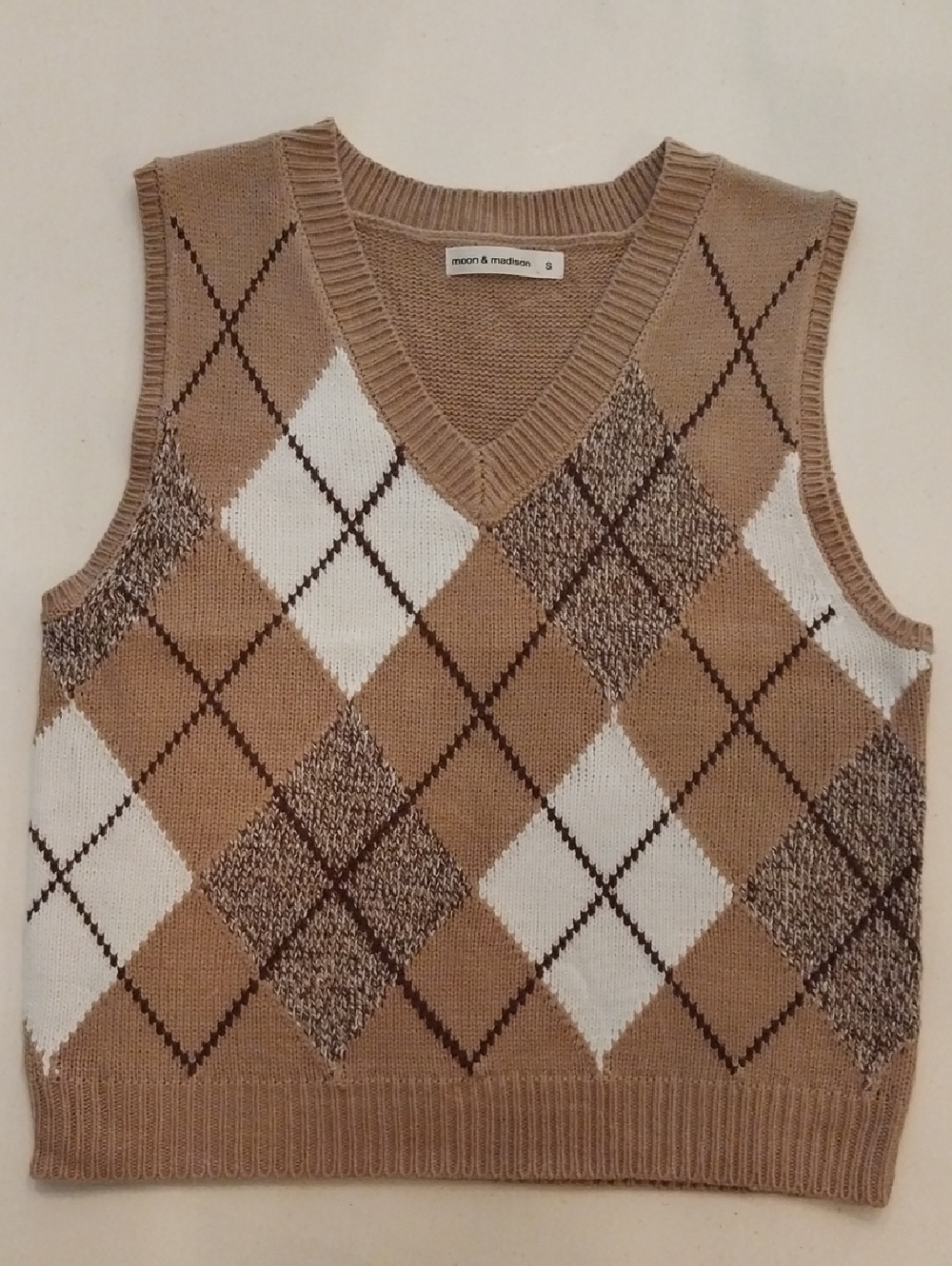 Beige and Cream Argyle V-Neck Sweater Vest